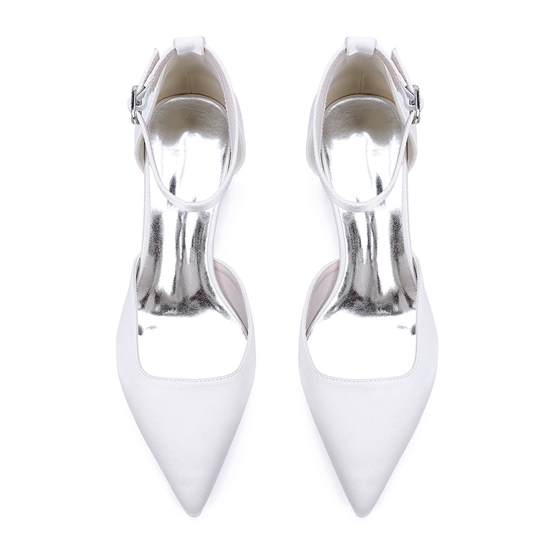 Elegant white satin wedding shoes for bride with pointed toe and ankle strap design
