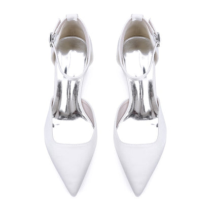 Elegant white satin wedding shoes for bride with pointed toe and ankle strap design