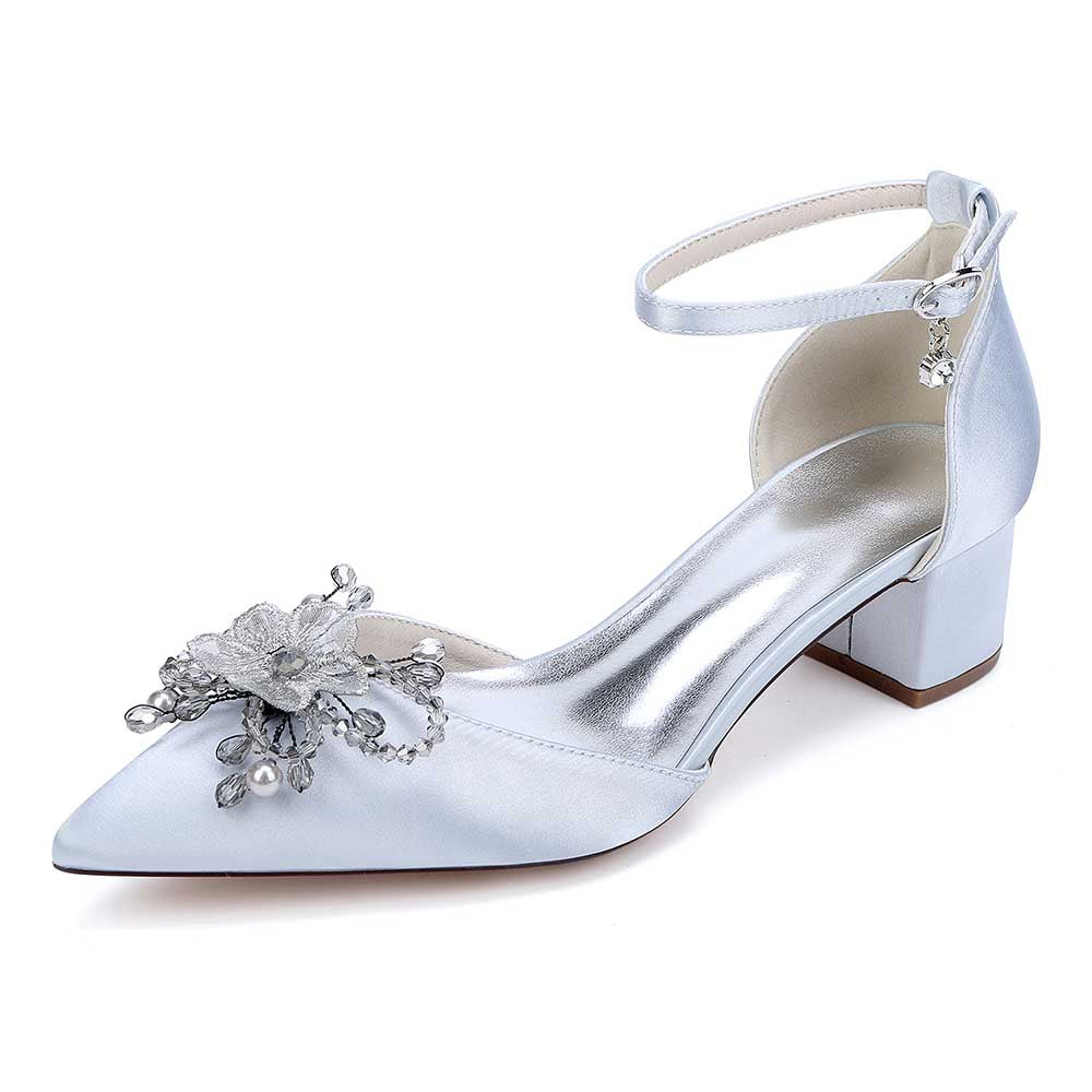 Elegant satin wedding shoes with ankle strap and floral embellishment for special occasions