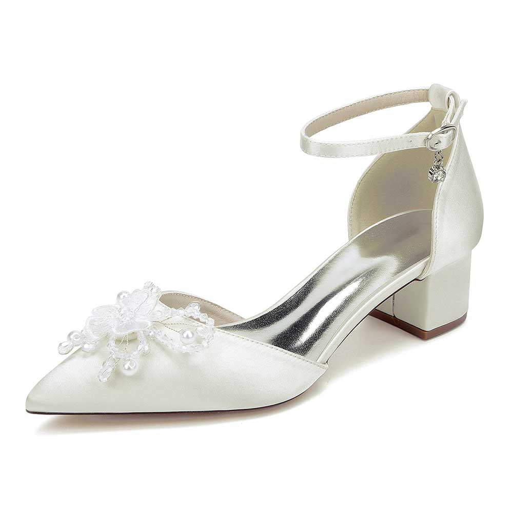 Elegant satin wedding shoes with ankle strap and floral design, perfect for brides and special occasions