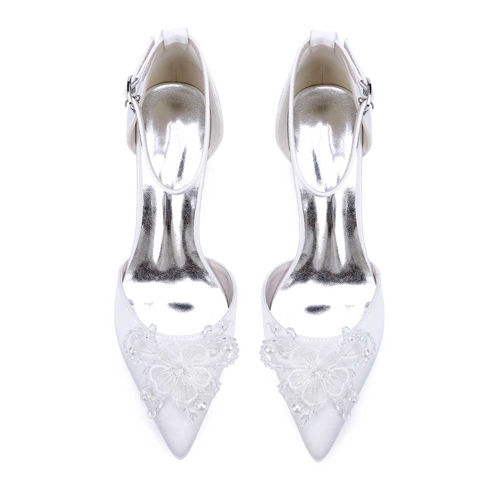 Elegant satin wedding shoes with ankle strap and beaded floral design for brides on their special day