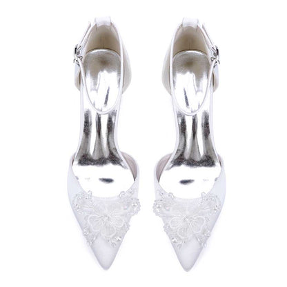 Elegant satin wedding shoes with ankle strap and beaded floral design for brides on their special day
