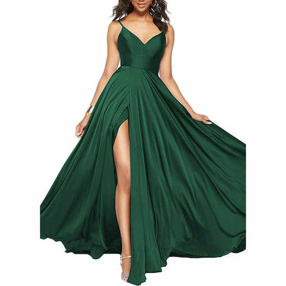 Women's Long Prom Dress Spaghetti Strap A Line Satin Formal Evening Party Gown
