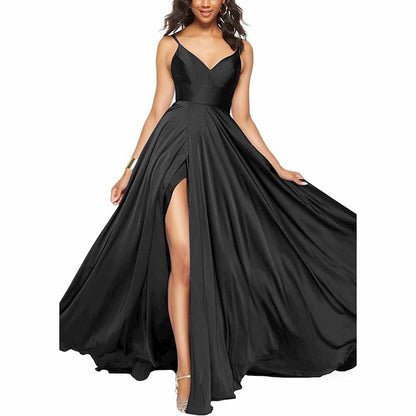 Women's Long Prom Dress Spaghetti Strap A Line Satin Formal Evening Party Gown