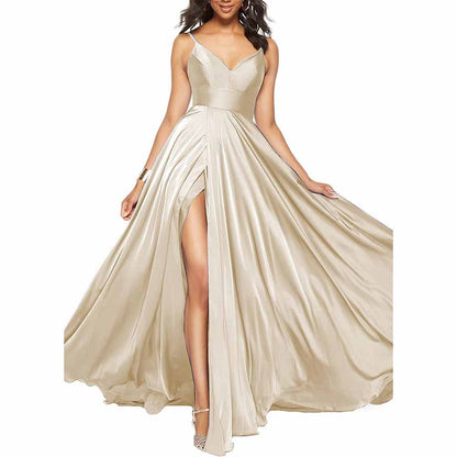 Women's Long Prom Dress Spaghetti Strap A Line Satin Formal Evening Party Gown