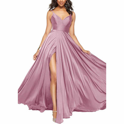 Women's Long Prom Dress Spaghetti Strap A Line Satin Formal Evening Party Gown