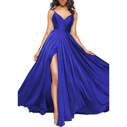 Women's Long Prom Dress Spaghetti Strap A Line Satin Formal Evening Party Gown