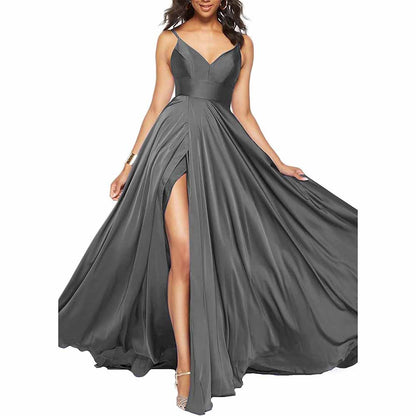 Women's Long Prom Dress Spaghetti Strap A Line Satin Formal Evening Party Gown
