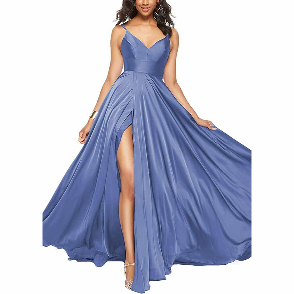Sweet A Line Spaghetti Straps Satin Tiered Chiffon Long Prom Dress, Evening Dress main image 1
