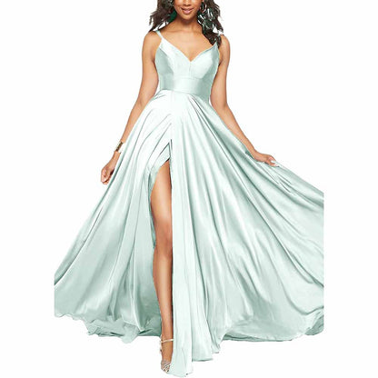 Women's Long Prom Dress Spaghetti Strap A Line Satin Formal Evening Party Gown
