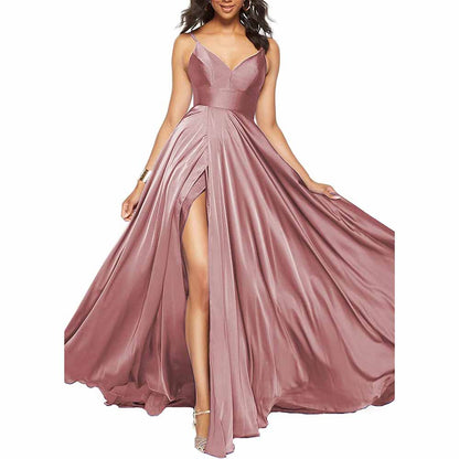 Women's Long Prom Dress Spaghetti Strap A Line Satin Formal Evening Party Gown