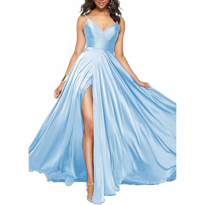 Women's Long Prom Dress Spaghetti Strap A Line Satin Formal Evening Party Gown