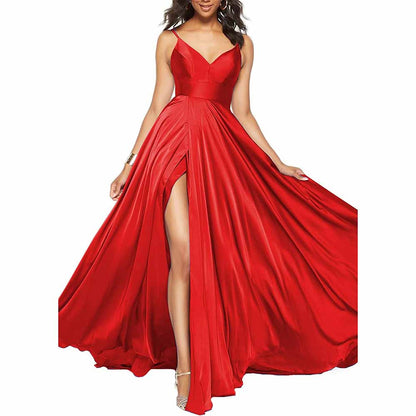 Women's Long Prom Dress Spaghetti Strap A Line Satin Formal Evening Party Gown