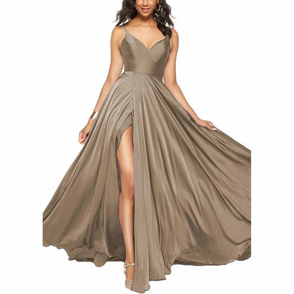 Women's Long Prom Dress Spaghetti Strap A Line Satin Formal Evening Party Gown