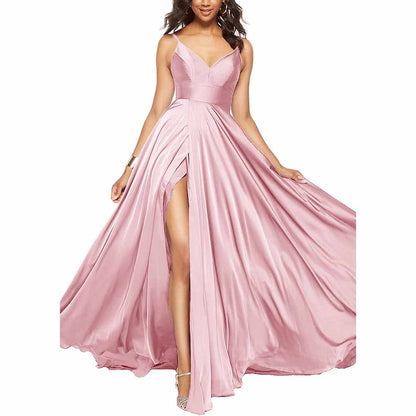 Women's Long Prom Dress Spaghetti Strap A Line Satin Formal Evening Party Gown
