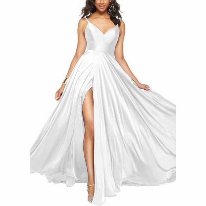 Women's Long Prom Dress Spaghetti Strap A Line Satin Formal Evening Party Gown