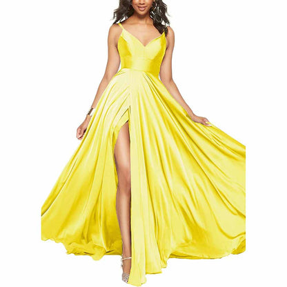 Women's Long Prom Dress Spaghetti Strap A Line Satin Formal Evening Party Gown
