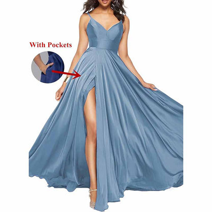 Women's Long Prom Dress Spaghetti Strap A Line Satin Formal Evening Party Gown