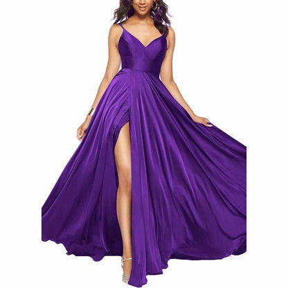 Women's Long Prom Dress Spaghetti Strap A Line Satin Formal Evening Party Gown