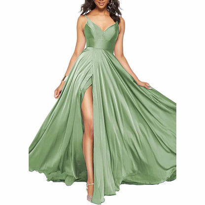 Women's Long Prom Dress Spaghetti Strap A Line Satin Formal Evening Party Gown