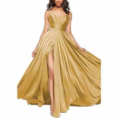 Women's Long Prom Dress Spaghetti Strap A Line Satin Formal Evening Party Gown