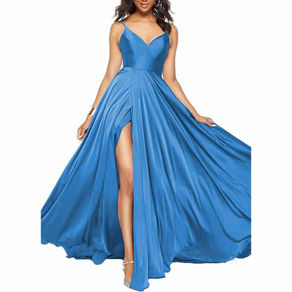 Women's Long Prom Dress Spaghetti Strap A Line Satin Formal Evening Party Gown