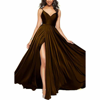 Women's Long Prom Dress Spaghetti Strap A Line Satin Formal Evening Party Gown