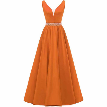 Satin Ball Gowns A-Line Glitter Evening Dress Women's Wedding Long V-neck Prom Dress