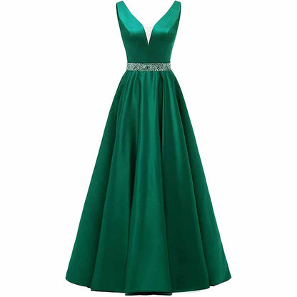 Satin Ball Gowns A-Line Glitter Evening Dress Women's Wedding Long V-neck Prom Dress