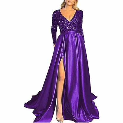 Sparkly Satin Wedding Dress with Pocket Long Sleeve Split Prom Gowns Winter Event Dress