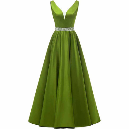 Satin Ball Gowns A-Line Glitter Evening Dress Women's Wedding Long V-neck Prom Dress