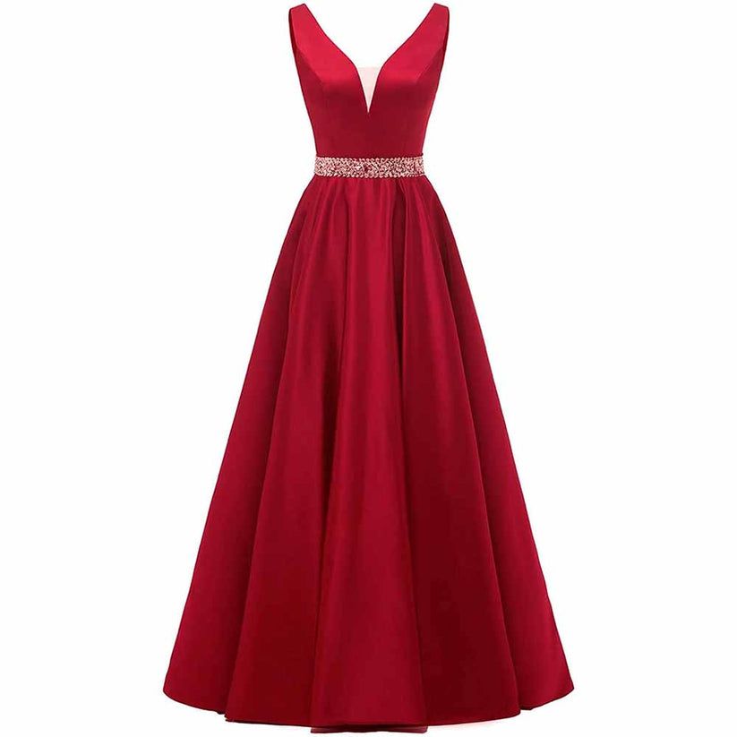 Satin Ball Gowns A-Line Glitter Evening Dress Women's Wedding Long V-n ...