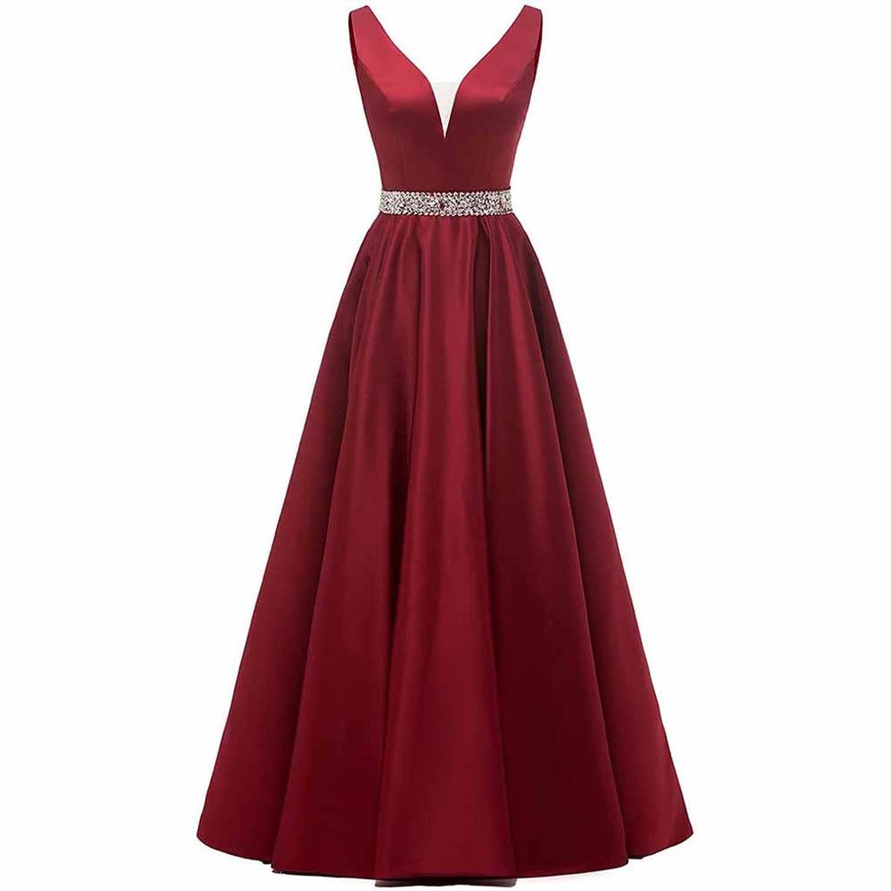 Satin Ball Gowns A-Line Glitter Evening Dress Women's Wedding Long V-n ...