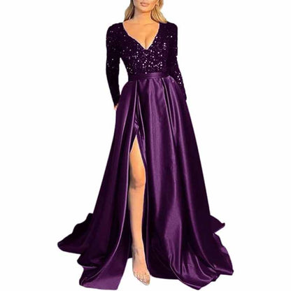 Sparkly Satin Wedding Dress with Pocket Long Sleeve Split Prom Gowns Winter Event Dress