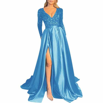 Sparkly Satin Wedding Dress with Pocket Long Sleeve Split Prom Gowns Winter Event Dress