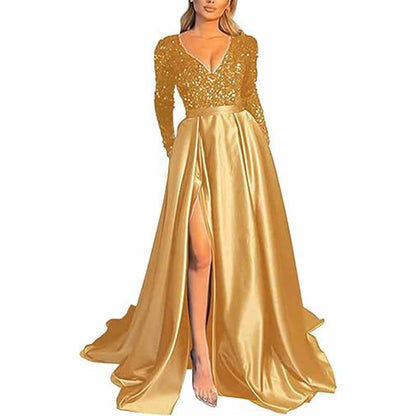 Sparkly Satin Wedding Dress with Pocket Long Sleeve Split Prom Gowns Winter Event Dress