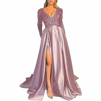Sparkly Satin Wedding Dress with Pocket Long Sleeve Split Prom Gowns Winter Event Dress