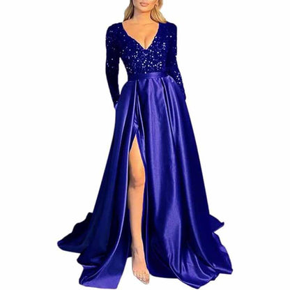 Sparkly Satin Wedding Dress with Pocket Long Sleeve Split Prom Gowns Winter Event Dress