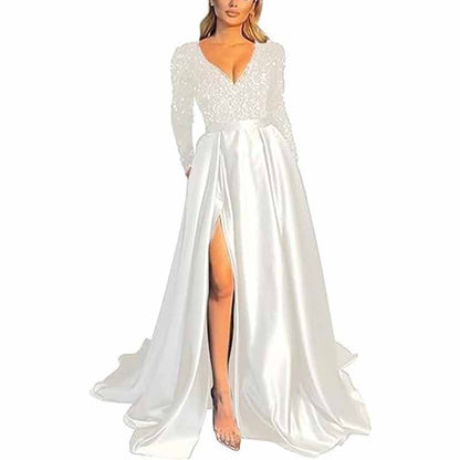 Sparkly Satin Wedding Dress with Pocket Long Sleeve Split Prom Gowns Winter Event Dress