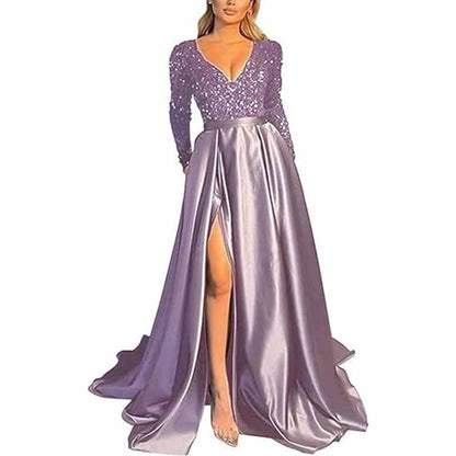 Sparkly Satin Wedding Dress with Pocket Long Sleeve Split Prom Gowns Winter Event Dress
