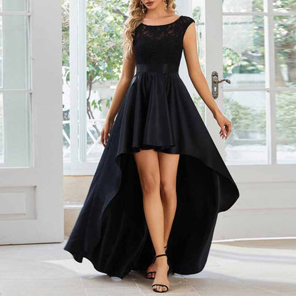 Women Lace and Satin Bridesmaid Dress High-Low A Line Wedding Guest Dress
