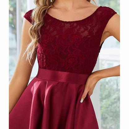 Women Lace and Satin Bridesmaid Dress High-Low A Line Wedding Guest Dress