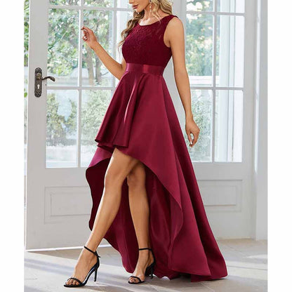 Women Lace and Satin Bridesmaid Dress High-Low A Line Wedding Guest Dress