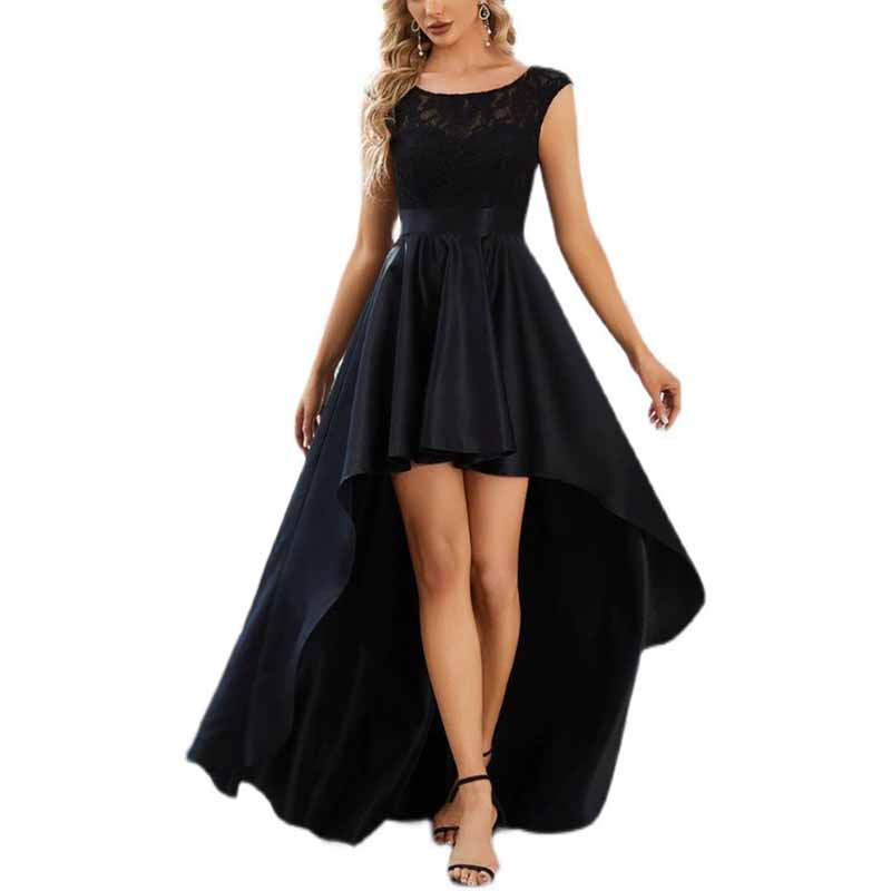 Women Lace and Satin Bridesmaid Dress High-Low A Line Wedding Guest Dress