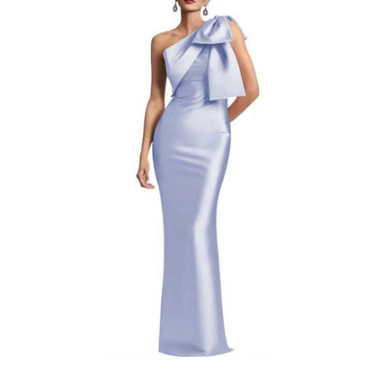 Satin Mermaid Wedding Ball Gown Bow Detail Single Shoulder Prom Dress