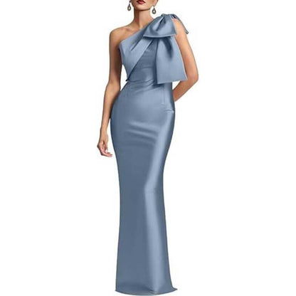 Satin Mermaid Wedding Ball Gown Bow Detail Single Shoulder Prom Dress