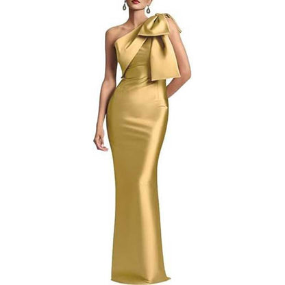 Satin Mermaid Wedding Ball Gown Bow Detail Single Shoulder Prom Dress