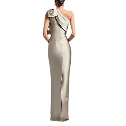 Satin Mermaid Wedding Ball Gown Bow Detail Single Shoulder Prom Dress