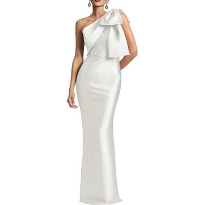 Satin Mermaid Wedding Ball Gown Bow Detail Single Shoulder Prom Dress