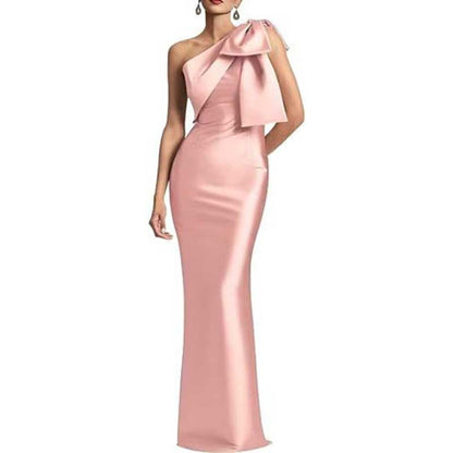 Satin Mermaid Wedding Ball Gown Bow Detail Single Shoulder Prom Dress